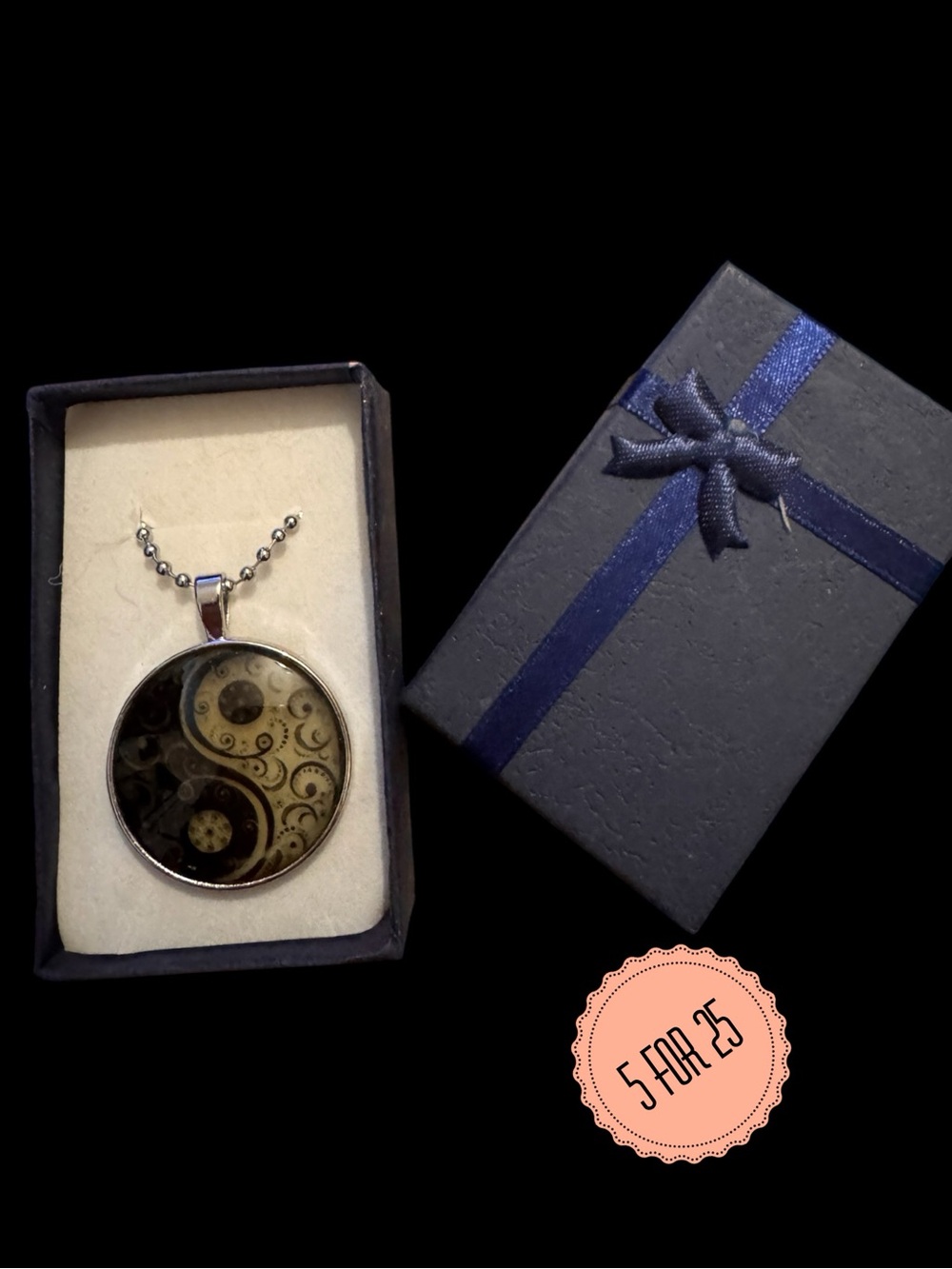 Yin Yang Swirl Pendant Necklace w/ Silver Ball Chain & Bonus Black Cord